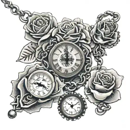 rose clock rose rosary bead necklace wrapped tattoo design idea