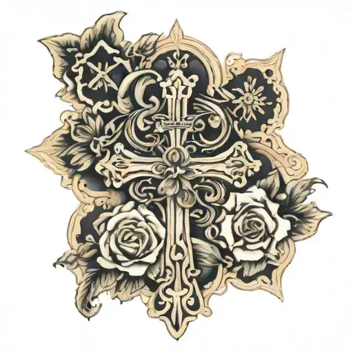 cross with names Leonardo vertical and Naomi horizontal tattoo design idea