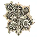 cross with names Leonardo vertical and Naomi horizontal tattoo design idea