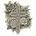 cross with names Leonardo vertical and Naomi horizontal tattoo design idea