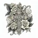 cross with names Leonardo vertical and Naomi horizontal tattoo design idea