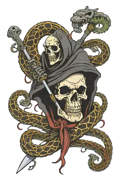 the grim reaper's scythe with a snake wrapped around it. this snake is supposed to have its head cut off tattoo design idea
