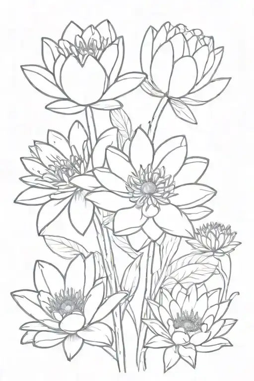 a black and white dainty tattoo drawing of a bouquet with 3 flowers; a water lily with and "S" in the stem, a daisy with tattoo design idea