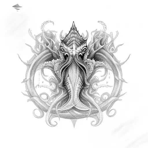Create a black-grey tattoo of a mythical sea creature inspired by an anime tattoo design idea