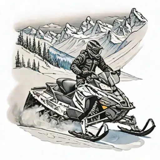 Snowmobiling in the backcountry with snow-covered mountains in the background tattoo design idea