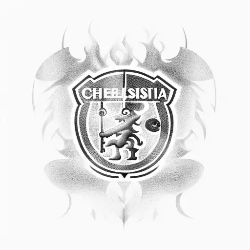 Chelsea badge with premier league trophy, champions league trophy, europa league trophy, carabao cup trophy,  tattoo design idea