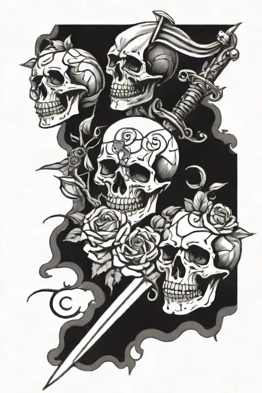 assassins screed black flag and skulls with roses and sword tattoo design idea