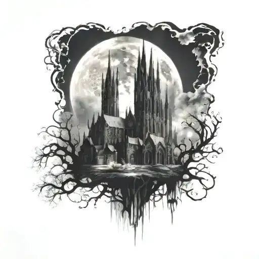 tattoo sleeve of an ominous gothic city at night, against the backdrop of the full moon tattoo design idea