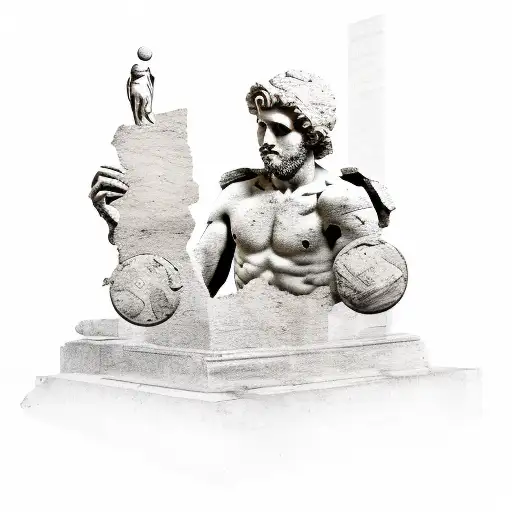 Broken roman sculpture with money and the world as it's background  tattoo design idea