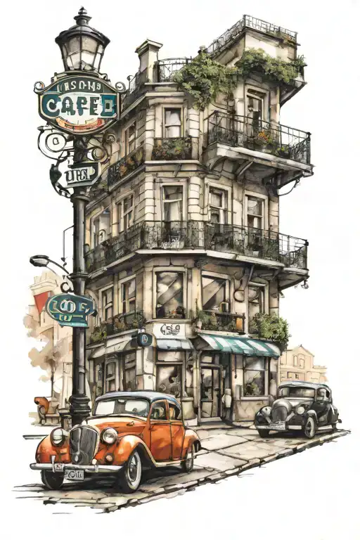 A vintage cafe scene with a classic car parked outside, incorporating famous landmarks from the city of Porto tattoo design idea