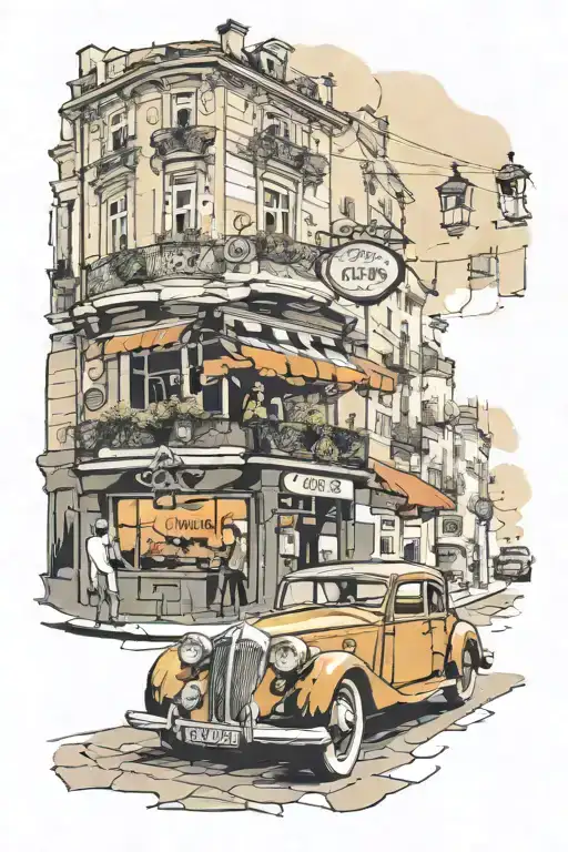 A vintage cafe scene with a classic car parked outside, incorporating famous landmarks from the city of Porto tattoo design idea