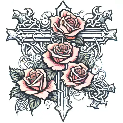 cross with barb wire wrapped with rose    tattoo design idea