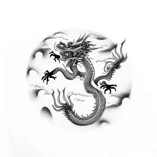 Chinese dragon flying through a stormy sky tattoo design idea