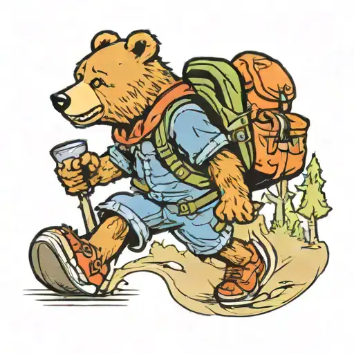 A new-school tattoo of a cartoon bear hiking up a trail with a backpack tattoo design idea