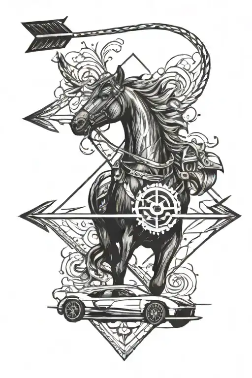 An arrow with a horse head on one side and a formula one car on the other  tattoo design idea