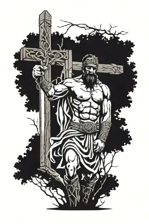 roman gladiator next to a tree with a crucifix in the background tattoo design idea