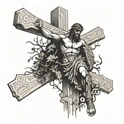 a roman gladiator, a tree and a crucifix wooden cross tattoo design idea