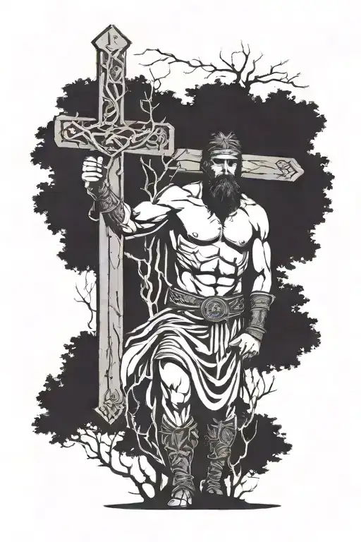 roman gladiator next to a tree with a crucifix in the background tattoo design idea