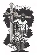 roman gladiator next to a tree with a crucifix in the background tattoo design idea