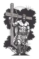 roman gladiator next to a tree with a crucifix in the background tattoo design idea