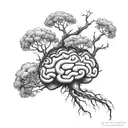 upside down brain with tree coming out of its brain stem tattoo design idea