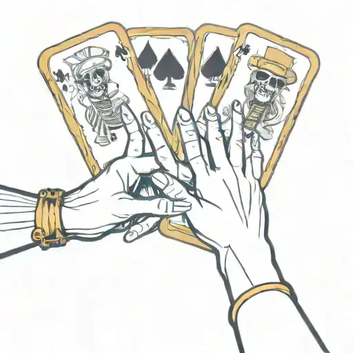 hands touching but one is skeleton in a frame of ace of spades card in black and gold tattoo design idea