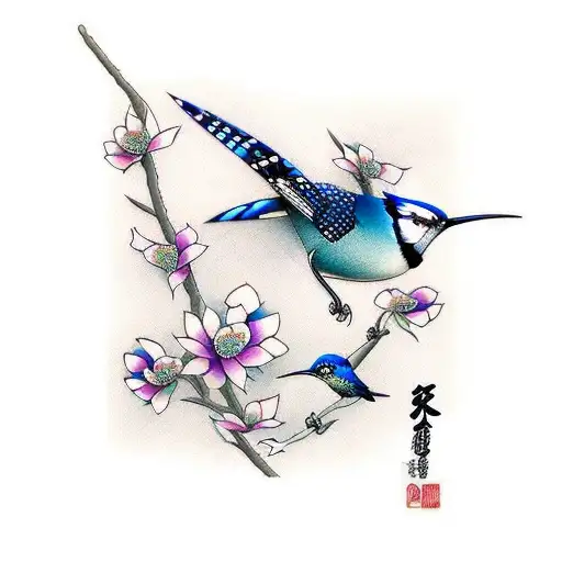 bluejay and humming bird tattoo design idea