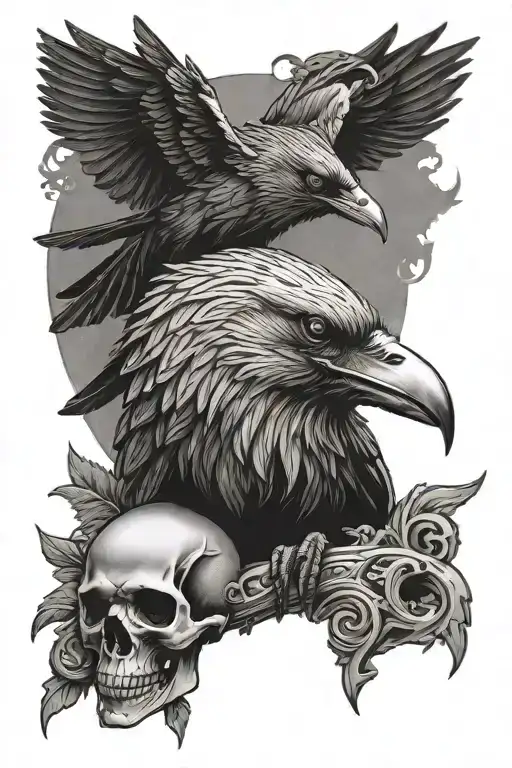 viking raven perched on a skull tattoo design idea
