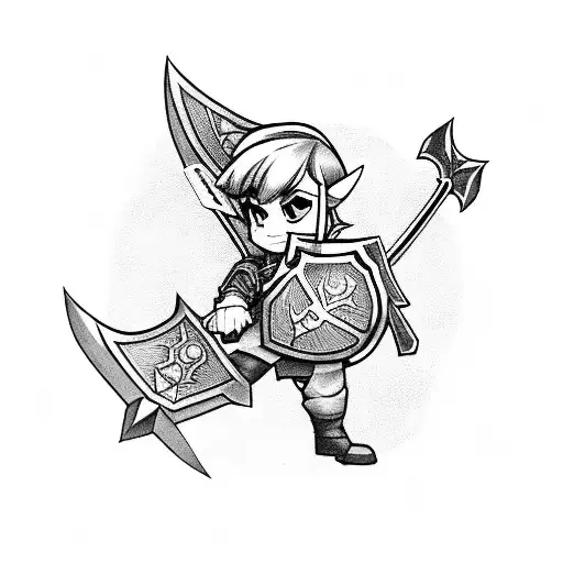 toon link from legend of zelda holding shield and sword tattoo design idea