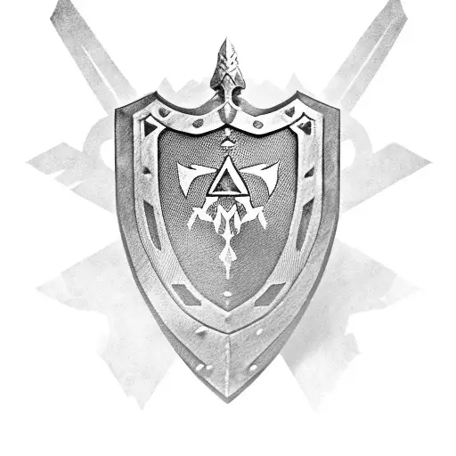 link from legend of zelda black and grey shading holding shield and sword tattoo design idea