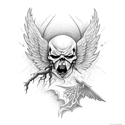 a battle between good and evil with trees and the death angel tattoo design idea