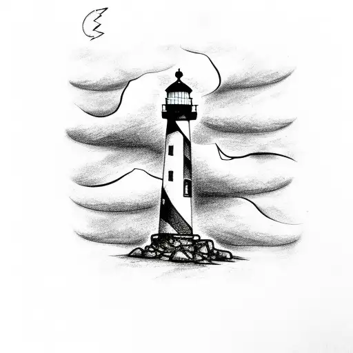 lighthouse with lightning behind it, a tree and anchor in front  tattoo design idea