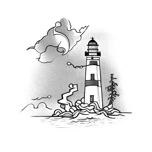 lighthouse with lightning behind it, a tree in front and an anchor  tattoo design idea