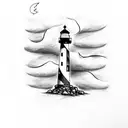lighthouse with lightning behind it, a tree and anchor in front  tattoo design idea