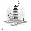 lighthouse with lightning behind it, a tree and anchor in front  tattoo design idea