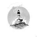 lighthouse with lightning behind it, a tree and anchor in front  tattoo design idea