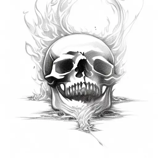 A skull engulfed in flames, symbolizing the burning away of past regrets tattoo design idea