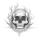 A skull engulfed in flames, symbolizing the burning away of past regrets tattoo design idea