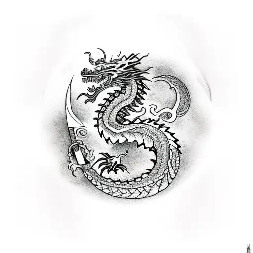 Dragon eating moon curled around filipino sword tattoo design idea