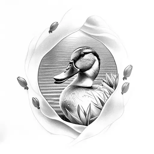 A realistic black and grey tattoo of a duck swimming in a pond filled with clovers tattoo design idea