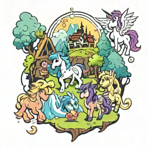 A tattoo design featuring a mix of characters from Genshin Impact and My Little Pony, set in a fantasy landscape tattoo design idea