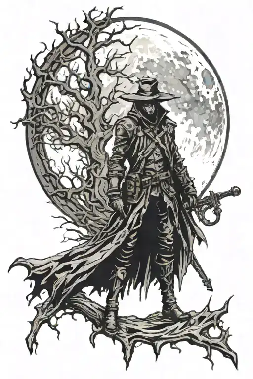 Bloodborne Hunters mark in front of a bleeding moon tattoo design idea