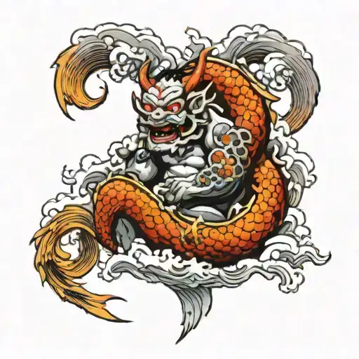 a japanese tatoo of an oni surrounded by clouds with two koi carp below simulating the ying and yang tattoo design idea