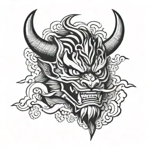 A modern twist on traditional Japanese tattoos featuring a fierce Oni mask surrounded by swirling clouds tattoo design idea