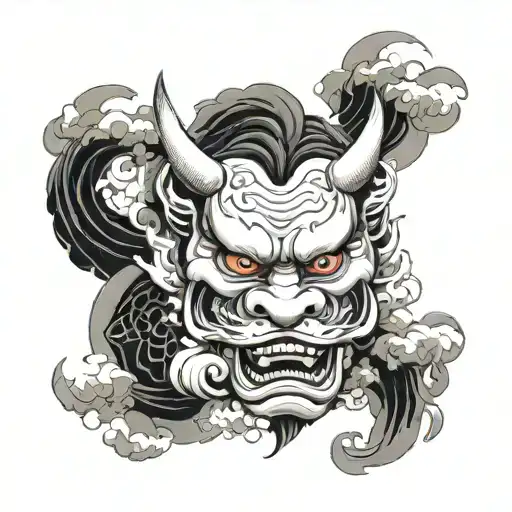 a japanese tatoo of an oni mask surrounded by clouds with two koi carp below simulating the ying and yang tattoo design idea