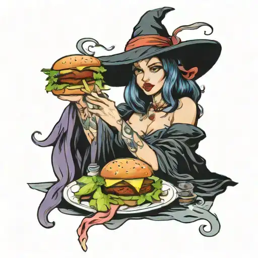 Sexy witch eating hamburger tattoo design idea