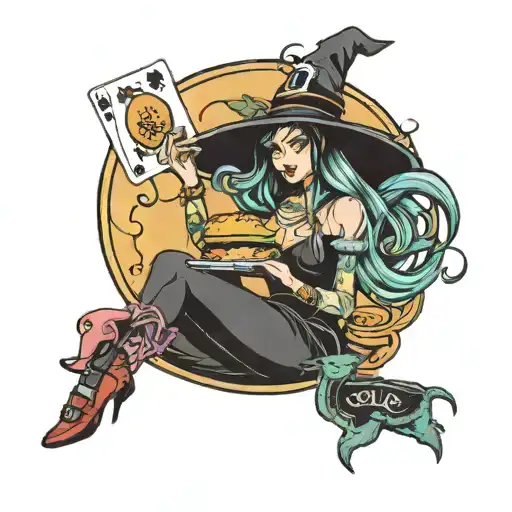 Sexy witch eating hamburger and playing cards tattoo design idea