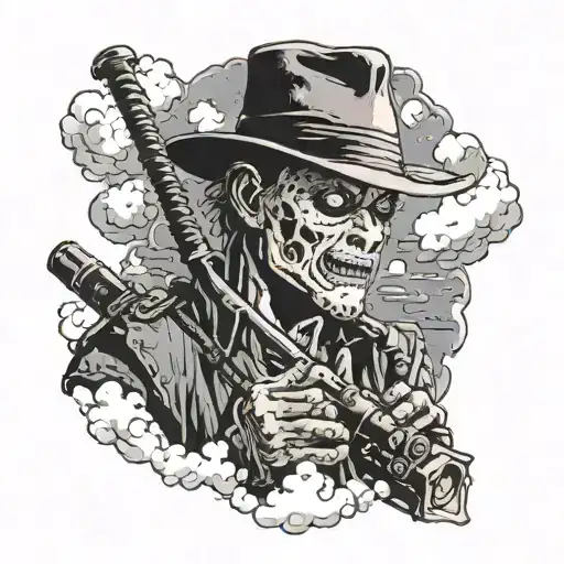 in the night on the rooftop, Freddy kruger opens a light projector and hits the night clouds faceJason voorhees appears  tattoo design idea