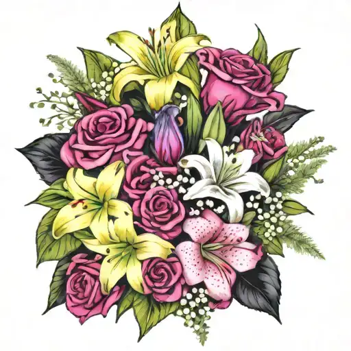 5 flower bouquet with 1 tropicana rose, 1 lily, 1 stargazing lily, 1 fuchsia and some baby's breath,all tied with a bow tattoo design idea