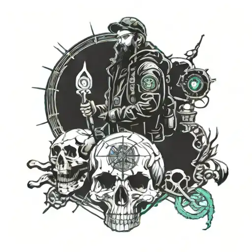 An explorer with a compass navigating through a forest of animal skulls tattoo design idea